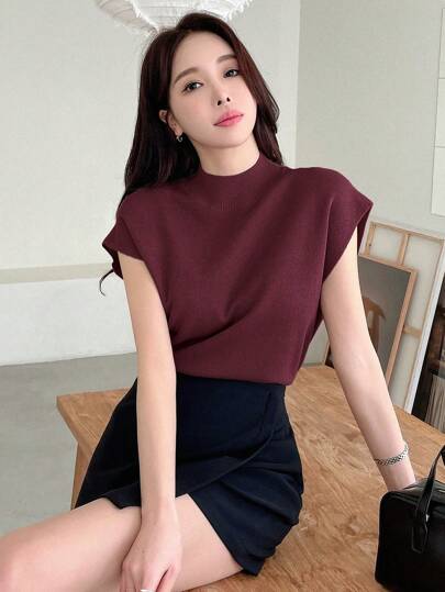 DAZY 纯色立领优雅盖袖针织上衣，秋季服装