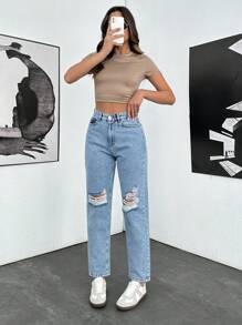 SHEIN Cottnline 100% Cotton Snow Washed Ripped Slant Pocket Mom Fit Jeans - Light Wash - View 5