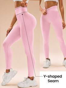 Gameset SHEIN Sport 女士纯色高腰休闲健身运动紧身裤瑜伽裤 - 粉色 - 查看 4