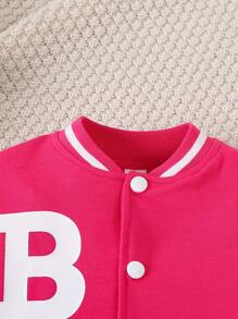 SHEIN Young Girl Spring/Autumn Letter Print Striped Long Sleeve Baseball Jacket And Mini Skirt Casual 2pcs Outfit - Hot Pink - View 7