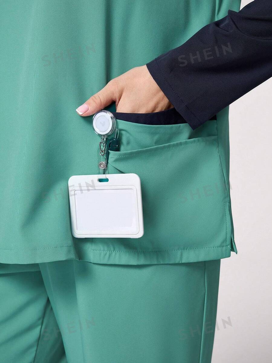 SHEIN TaskFit Plus Size Color Block Long Sleeve & Pants Uniform Set for