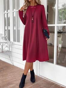 EMERY ROSE Women Frog Button Mock Neck Midi Dress - Burgundy - View 1