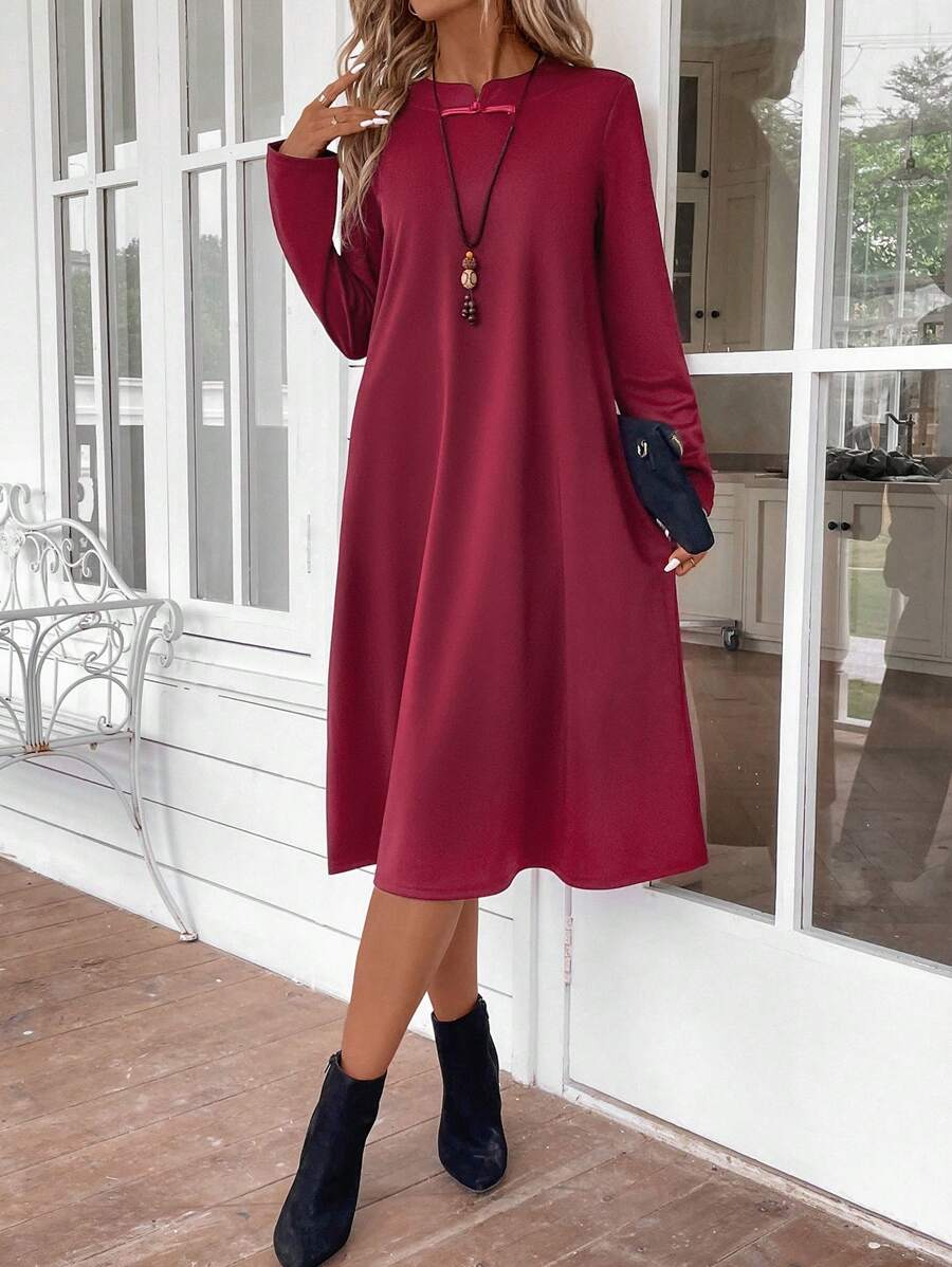EMERY ROSE Women Frog Button Mock Neck Midi Dress - Burgundy - View 1