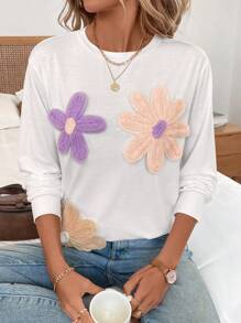 SHEIN LUNE 女士休闲花卉图案长袖白色 T 恤