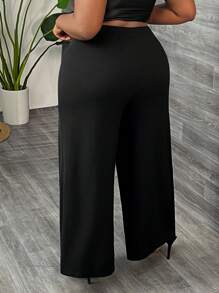 Slaydiva Calças femininas plus size com cintura elástica e cor sólida de malha com pernas largas - Preto - Ver 2
