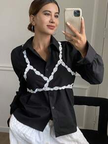 DAZY Camisa de manga larga con bloques de color para mujer
