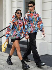 Manfinity Unisex 男士宽松图案印花落肩休闲连帽衫，适合秋冬季 - 彩色 - 查看 4