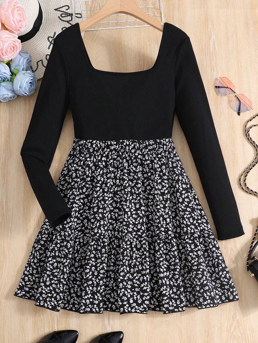 SHEIN Teen Girl's Black Ditsy Floral Knitted Vest Patchwork A-Line Vacation Casual Dress