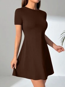 SHEIN PETITE 女款休閒純色短袖洋裝，夏季，小個女款 - 棕色 - 查看 3