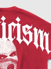 ROMWE MEN Street Life Men's Summer Slogan Face Mask And Character Print Round Neck Short Sleeve Casual T-Shirt, School - Red - View 4