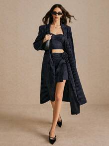Poéselle Women's Long Navy Blue Striped Pockets Loose Spring And Autumn Winter Long Sleeve Casual Commute Blazer - Navy Blue - View 3