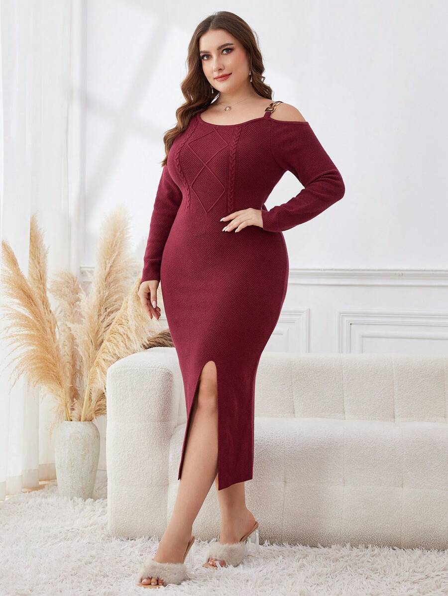 Modelyn Vestido de punto de manga larga elegante de unicolor burdeos con cuello asimétrico y bajo con abertura para tallas grandes - Burdeos - Ver 1