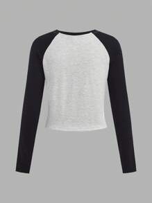 SHEIN Teen Girl Raglan Sleeve Crew Neck Star & Letter Print Long Sleeve Crop Top - White - View 2