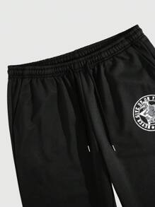 ROMWE MEN Street Life 2pcs Men's Casual Hooded Sweatshirt & Pants Set, Suitable For Spring - Black - View 3