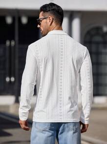 GENTILAND 男士提花针织贴身休闲长袖立领 Polo 衫，适合秋季 - 白色 - 查看 2