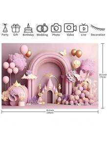 1 pieza Pancarta de decoración de fondo de castillo rosa 210*150cm/150*100cm/100*75cm, pancarta de fondo de fiesta de castillo real con globo de flor para decoración de fiesta de cumpleaños, decoración del hogar de otoño, decoración del hogar de festival - Rosa - Ver 4