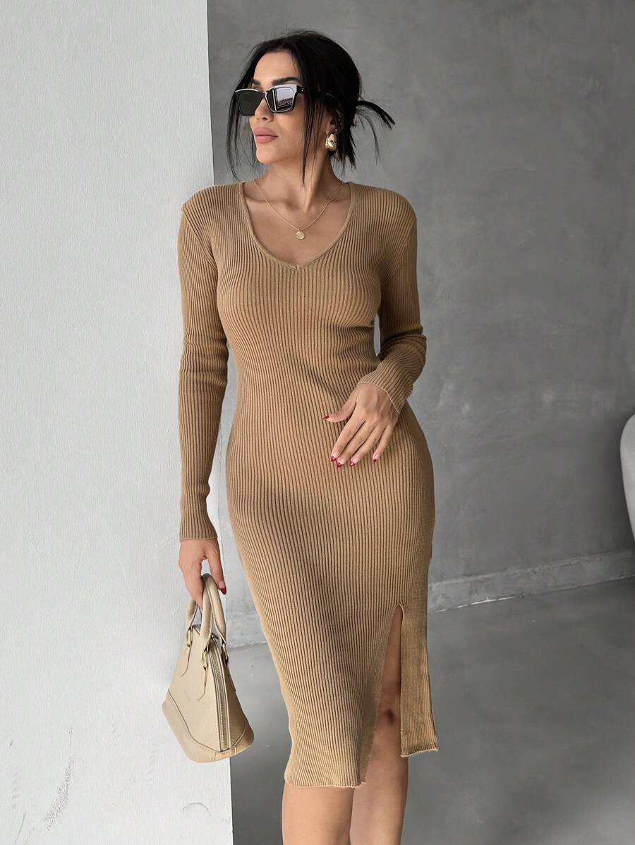 SHEIN Cottnline Women Solid V-Neck Split Thigh Ribbed Knit Slim Fit Sweater Dress - Beige - View 1