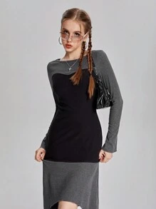 SHEIN 少女圆领拼色不对称下摆长袖连衣裙 - 彩色 - 查看 5