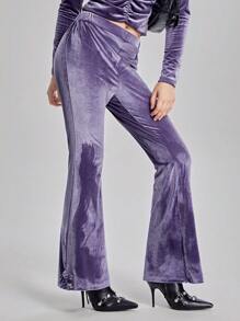 SHEIN 青少年女孩高腰弹力腰喇叭腿纯色裤子 - 淺灰紫 - 查看 8