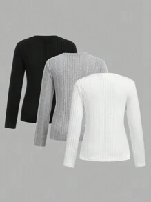 SHEIN Girlism 买 1 送 2 青少年女孩休闲纯色针织圆领长袖上衣 - 彩色 - 查看 9