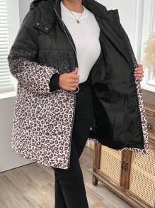 EMERY ROSE 大码女式豹纹长袖连帽休闲长款外套，冬季女装 - 彩色 - 查看 8