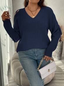 SHEIN Clasi Plus Size Casual Cross Wrap Loose Raglan Sleeve Sweater, Autumn & Winter - Royal Blue - View 3