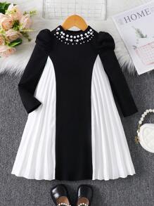 SHEIN Young Girl 1 Pc Pearl Decorated Neck Color Block Patchwork Pleated Dress, Casual Simple Elegant, Wedding Season, Ladylike Gentleman, Autumn And Winter, For Christmas, Party Wear, Daily Wear, Birthday Dress, Princess Dress - Multicolor - View 7