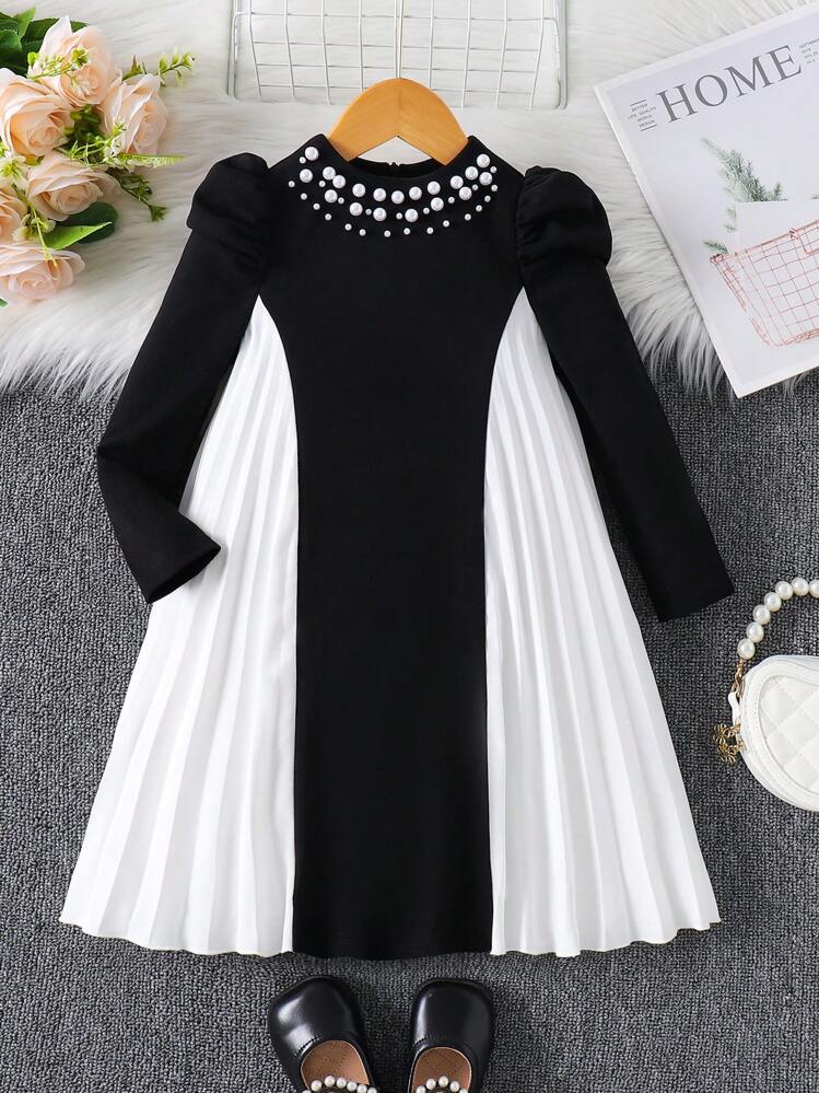 SHEIN Đầm xếp ly đính ngọc trai cổ chữ V màu sắc cho bé gái, giản dị đơn giản thanh lịch, mùa cưới, quý ông lịch lãm, mùa thu đông, giáng sinh, trang phục dự tiệc, trang phục hàng ngày, váy sinh nhật, váy công chúa - Nhiều màu - Xem 7
