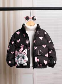 Young Girls' Pink Cat Heart Printed Cartoon Pattern Holographic Zip Up Mock Neck Thermal Padded Coat, Warm And Comfortable Long Sleeve, Great For Casual & Daily Wear & School Daily In Autumn & Winter, For Christmas