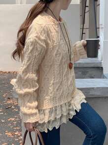 DAZY 女式圆领蕾丝拼布纯色麻花针织扭纹长袖毛衣，秋季女装 - 杏色 - 查看 3