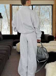 INAWLY Solva 女士纯色落肩超大半拉链漏斗领运动衫和阔腿裤 2 件套 - 淺灰色 - 查看 6