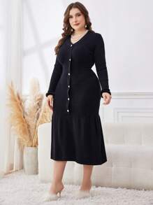 Modelyn Plus Size Women V-Neck Flowy Hem Sweater Dress