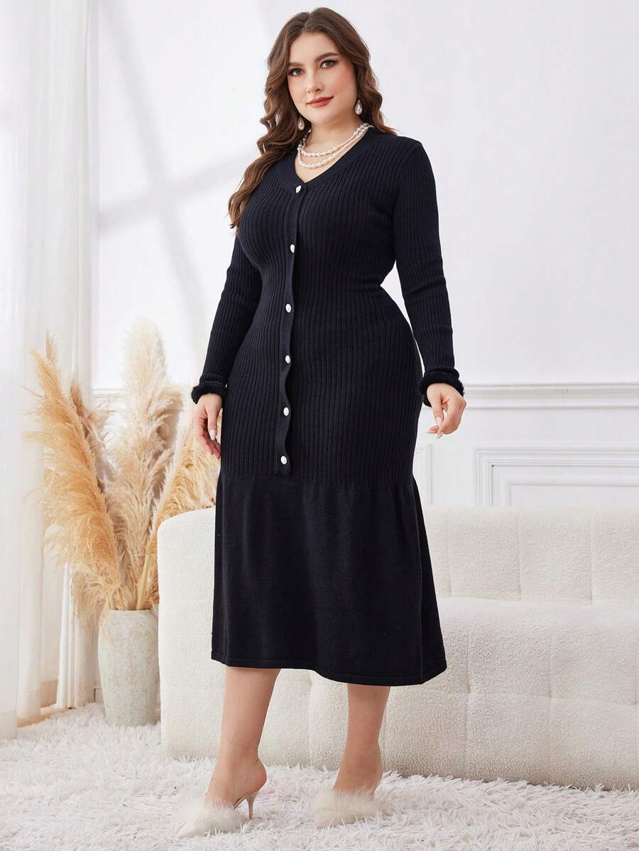 Modelyn Plus Size Women V-Neck Flowy Hem Sweater Dress