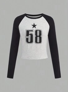 SHEIN Teen Girl Raglan Sleeve Crew Neck Star & Letter Print Long Sleeve Crop Top - White - View 7