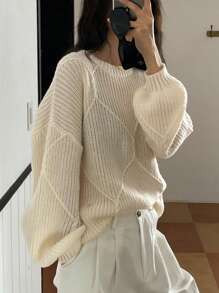 DAZY Women's Loose Fit Round Neck Solid Color Plaid Textured Sweater Fall - White - View 3