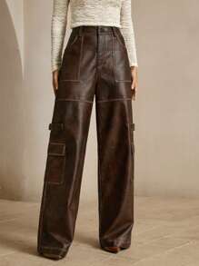 Anewsta Petite Elegant & Fashionable PU Leather Design Pocket Washed Straight Leg Pants For Petite Women, Suitable For Fall, Winter, Spring, New Year, Party, Wedding, Chic, Stylish, Work, Thanksgiving, Graduation, Christmas, Festival, Elegant - Coffee Brown - View 4