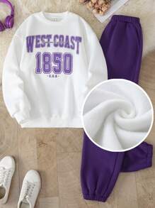 SHEIN Leap Crew Teen Girls Purple Tracksuit, Back To School, Casual Sports White And Purple Knitted Slogan Print Sweatshirt And Sweatpants Two-Piece Set - Purple - View 1