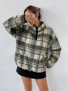 GENKIRA 女式复古格子超大羊毛拉链翻领夹克，适合秋冬季 - 彩色 - 查看 7