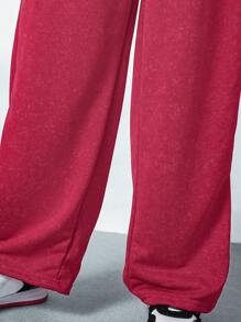SHEIN Pantalones anchos de cintura elástica con estampado de letras versátil y de moda de punto para niña preadolescente - Rosa Fucsia - Ver 5