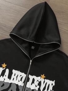 Manfinity Hypemode Chaqueta con capucha con cremallera y estampado de letras y estrellas, talla grande, para primavera y otoño, para hombre