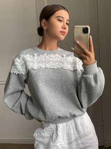 DAZY Áo nỉ dài tay cổ tròn ren tương phản cỡ lớn dành cho nữ, Quần áo mùa thu dành cho nữ - Xám - Xem 1