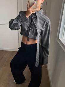 Livesso Striped Long Sleeve Fitted Turndown Collar Tie Short Women Shirt,Fall Clothes,Back To School Clothes - Grey - View 9