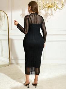 SHEIN Clasi 大码优雅黑色蕾丝连衣裙，秋冬 - 黑色 - 查看 2