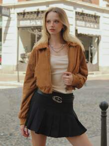 SHEIN 青少年女孩休闲复古仿麂皮保暖衬里拉链立领加厚保暖短款夹克外套 - 棕色 - 查看 4