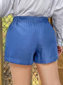 SHEIN LUNE 大码休闲松紧腰拼布口袋短裤，夏季 - 藍色 - 查看 2