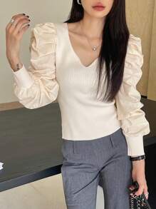 DAZY Áo len nữ tay phồng cổ chữ V, dáng ôm, thời trang thu đông, mùa thu cho nữ - Màu be - Xem 4