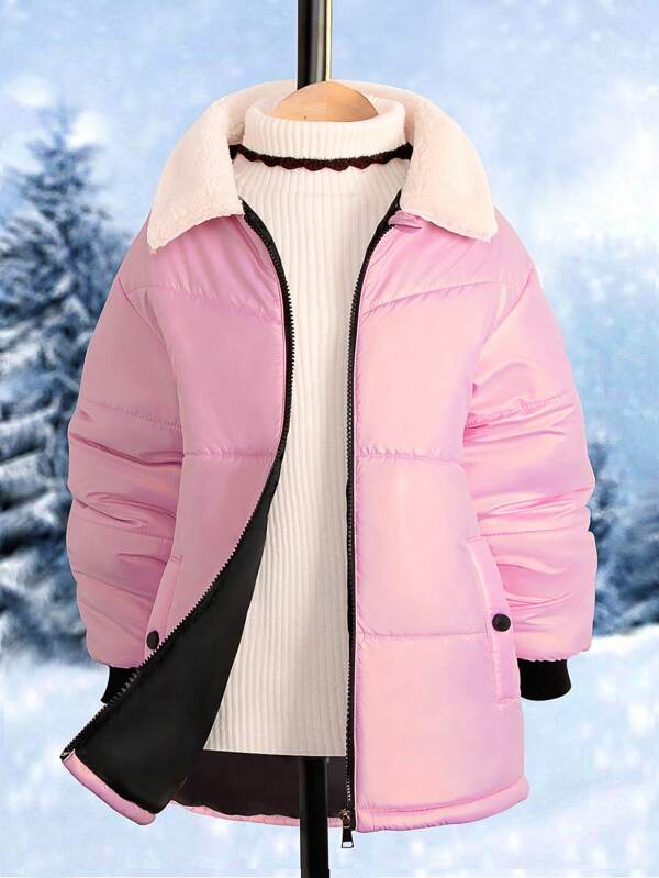 Tween Girls Furry Collar Shiny Waterproof & Windproof Medium-Length Padded Coat - White & Pink