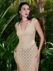 Armand 设计师女士钩针针织开衩连衣裙，优雅度假杏色连衣裙，适合节日、派对、生日、节庆、伊比沙岛装扮、婚礼、舞会礼服 - 杏色 - 查看 5