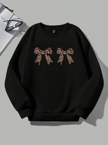 SHEIN EZwear Áo nỉ chui đầu cổ tròn màu đen họa tiết da báo tối giản, nhẹ nhàng, thoải mái dành cho nữ vào mùa thu/đông - màu đen - Xem 5