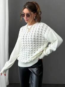 EURMUSE Casual Crew Neck Texture Knit Hollow Out Sweater - White - View 1